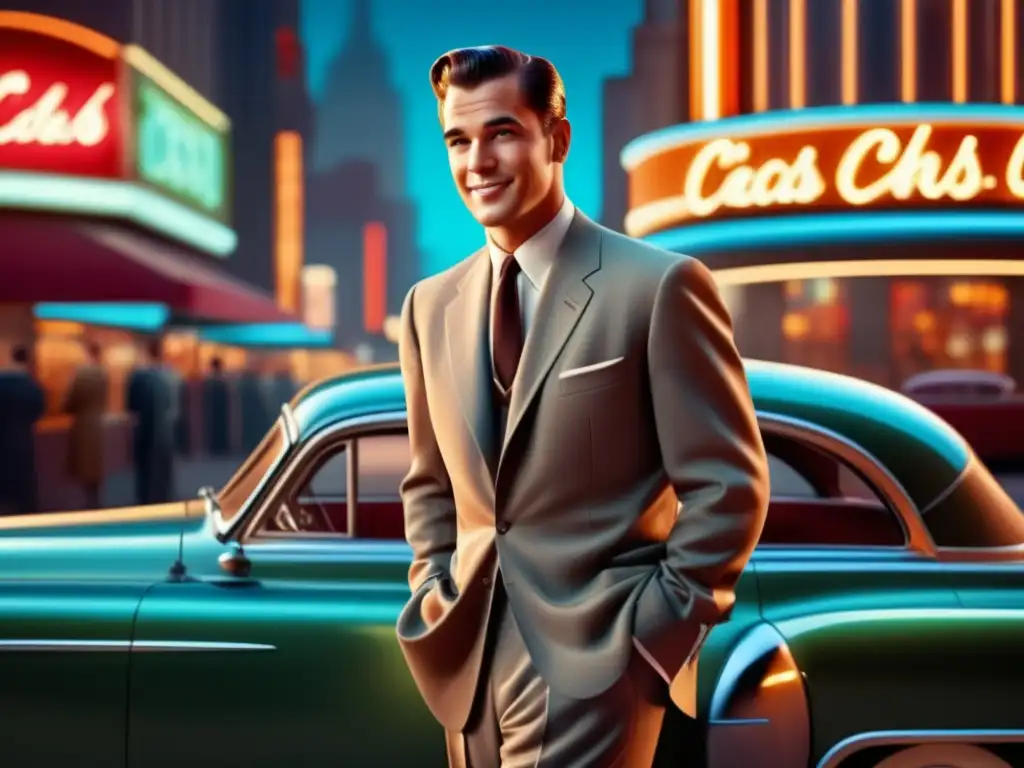 Hombre elegante en traje vintage junto a un clásico auto, reflejando la moda masculina y el poder de la publicidad en los años 50