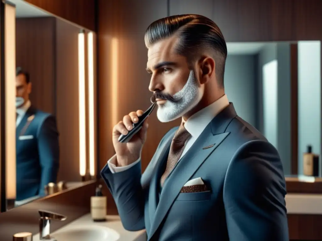 Hombre elegante afeitándose con una navaja clásica, reflejando tendencias de estilo político masculino