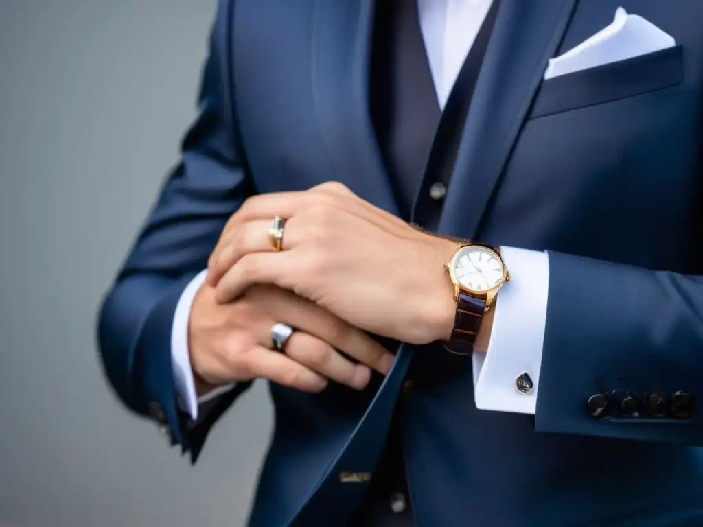 Importancia del estilo en moda masculina: manos ajustando los gemelos en traje elegante