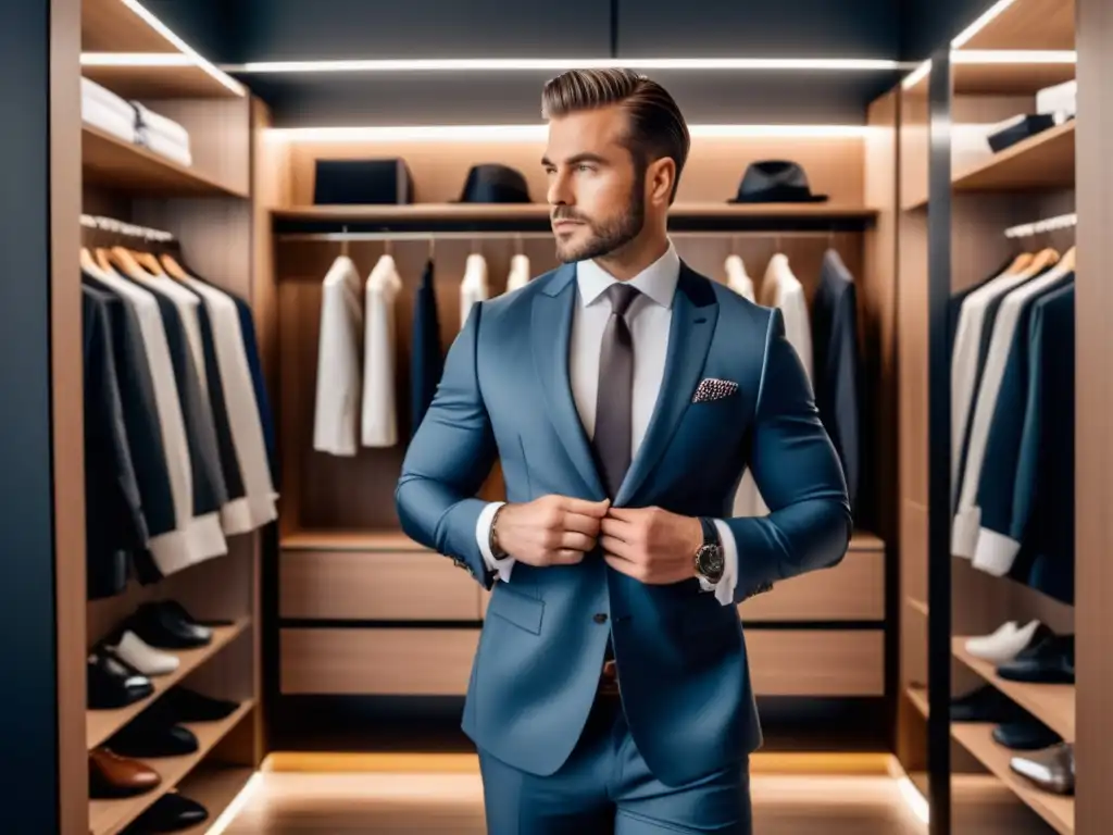 Hombre elegante ajustando corbata en un vestidor minimalista: moda masculina, autoestima, vestir