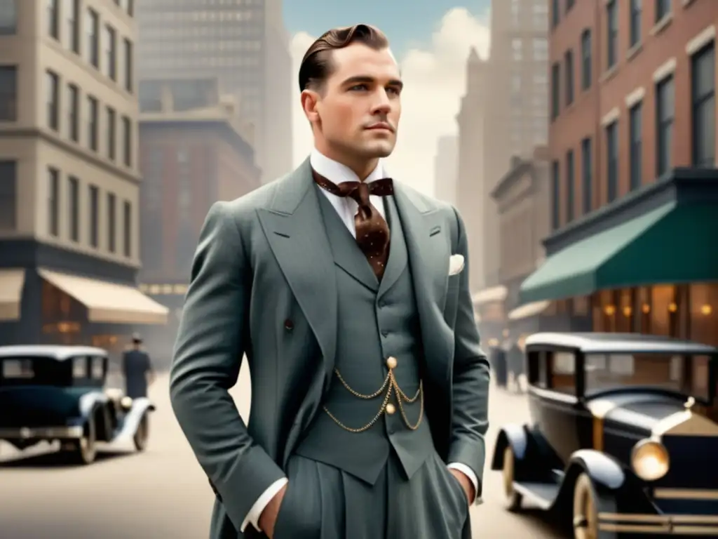 Hombre elegante en traje vintage años 20, reflejando tendencias de moda masculina