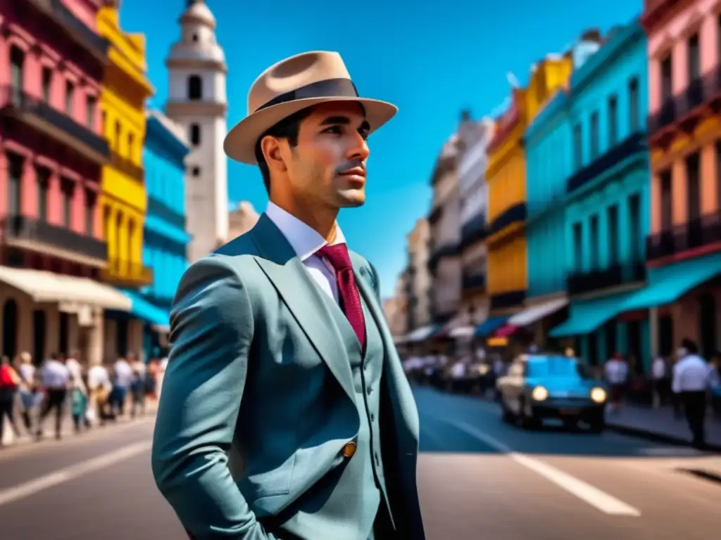 Hombre argentino elegante en traje y sombrero, reflejando historia y estilo masculino en Argentina