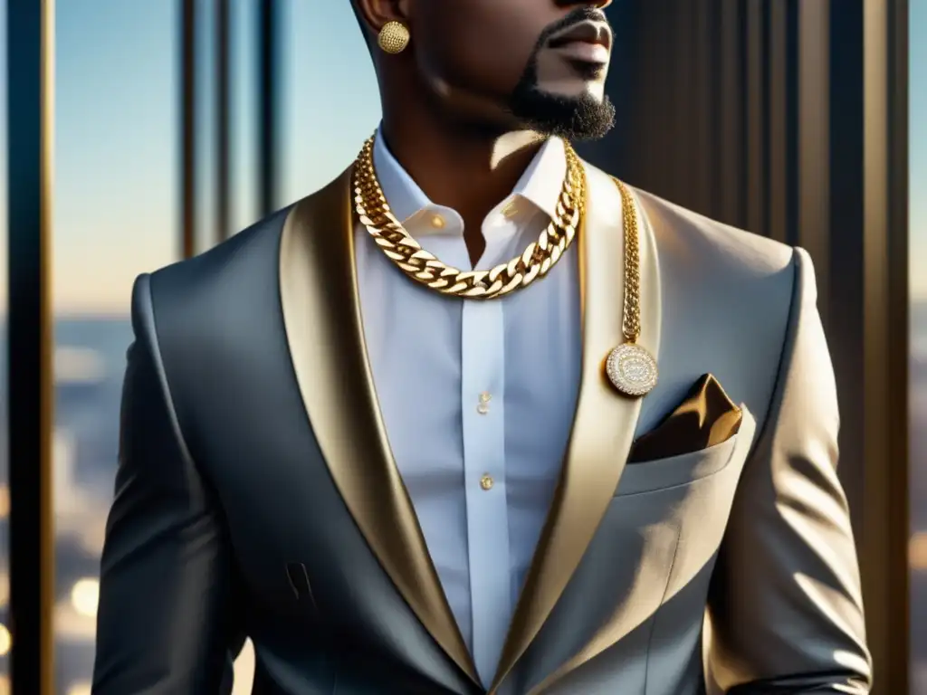 Tendencia cadenas oro hombres, hombre elegante con cadena de oro detallada y brillante en un entorno contemporáneo