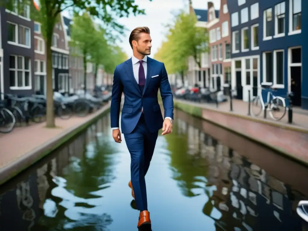 Tendencias moda masculina Países Bajos: Hombre elegante caminando por un canal pintoresco de Ámsterdam, luciendo un traje azul marino moderno