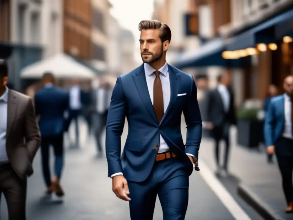 Elegante hombre caminando por la ciudad en traje azul marino Hombre moderno en ciudad: estilo impecable
