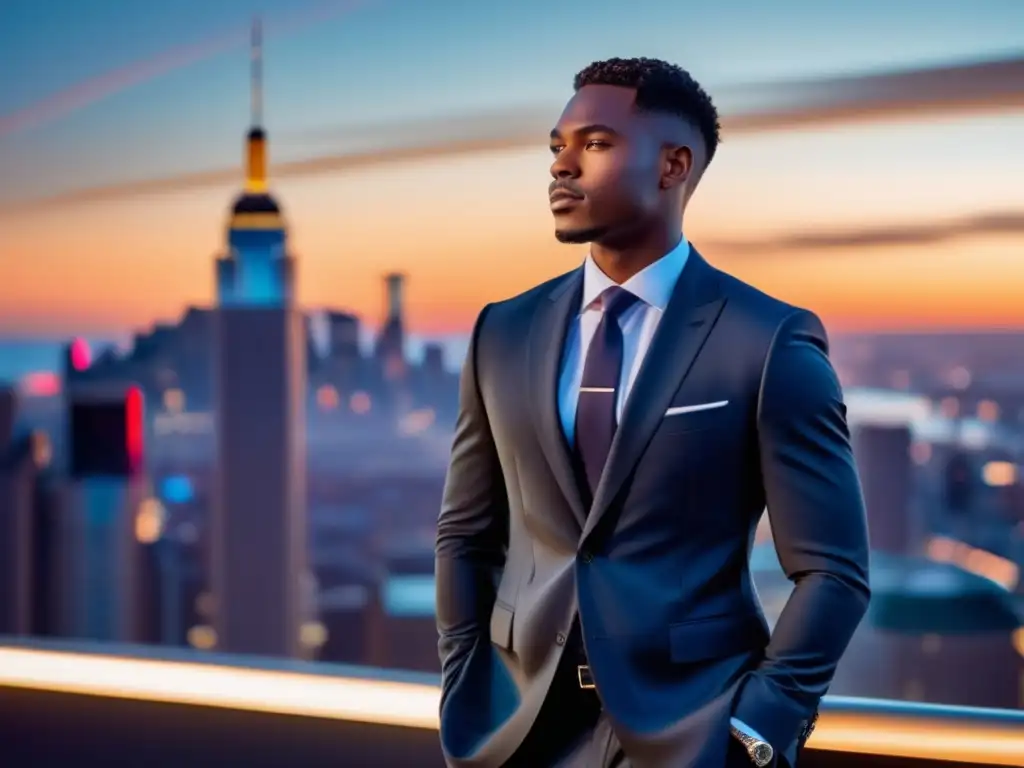 Moda masculina: Fotografía de un modelo en traje elegante, destacando la ciudad al atardecer