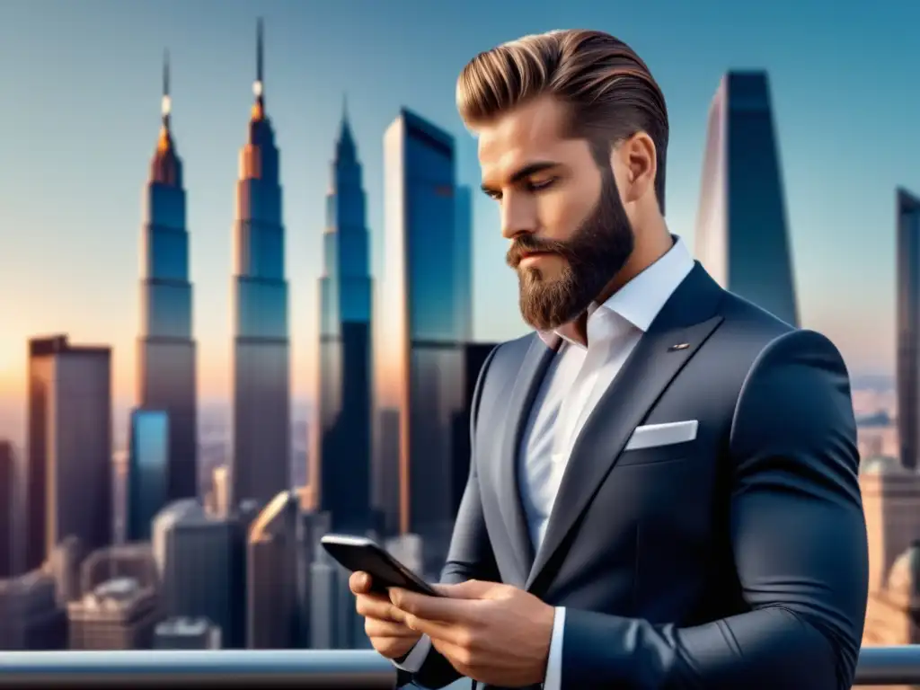 Hombre moderno en traje, ciudad de fondo, éxito en campaña publicitaria moda masculina - Beneficios campaña moda masculina