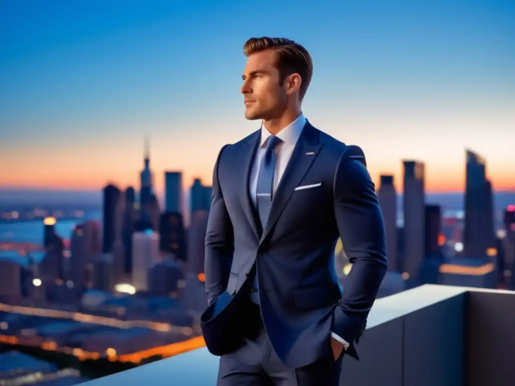 Un hombre elegante en un traje azul marino a medida, de pie frente a un horizonte urbano moderno al atardecer