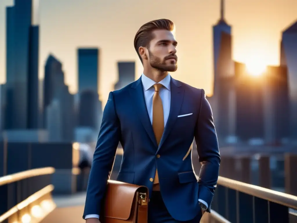 Fotografía estilo masculino poderoso, hombre elegante en traje azul, ciudad moderna de fondo, accesorios y colores vibrantes