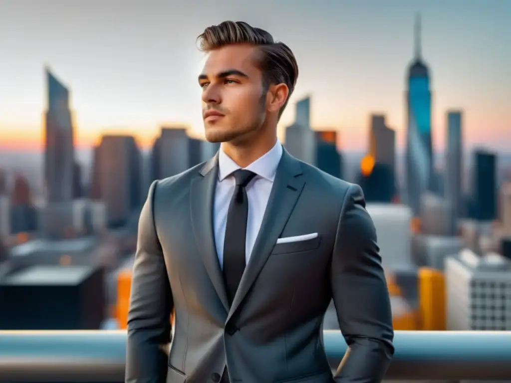 Hombre elegante en traje gris ajustado, con una ciudad vibrante de fondo