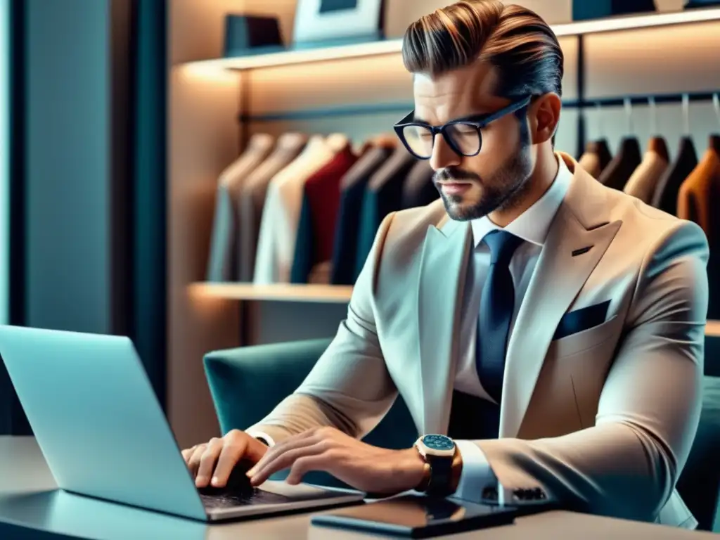 Moda masculina online: hombre elegante explorando tienda virtual con estilo, pantalla llena de ofertas y accesorios