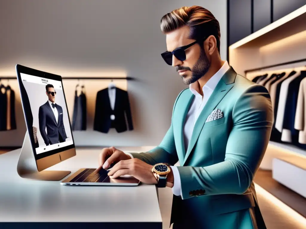 Hombre elegante en tienda online moda masculina, navegando en dispositivo digital