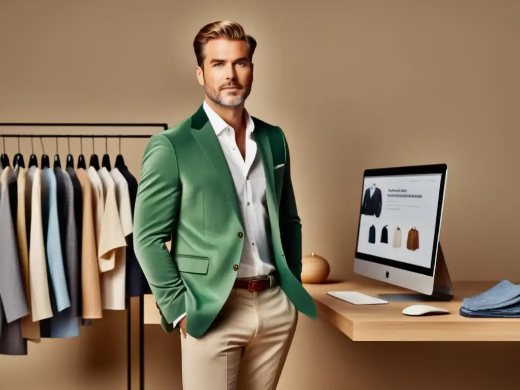 Hombre elegante promociona opciones de ropa sostenible y ética para comprar online