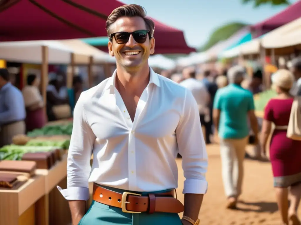 Consejos consumo responsable accesorios moda masculina: hombre elegante con cinturón de cuero ético, gafas de madera sostenible y mercado lleno de accesorios locales