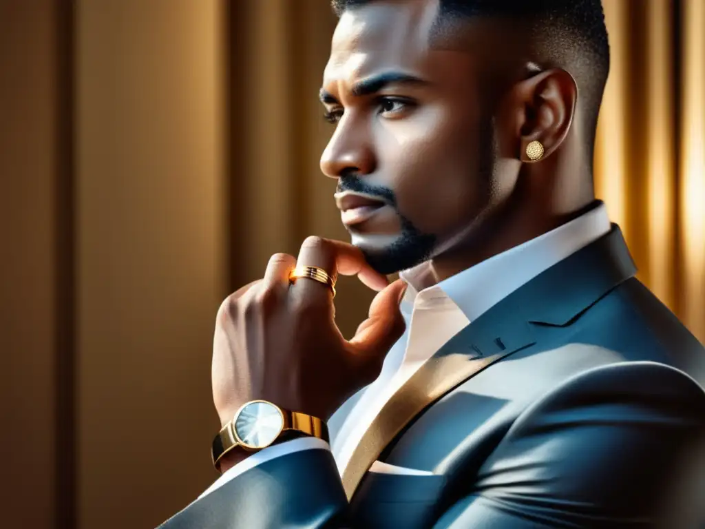 Elegante hombre con anillo dorado, muestra beneficios de usar anillos masculinos