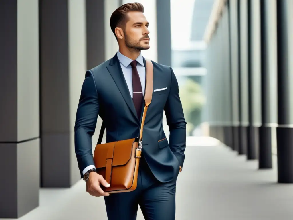 Beneficios bolsos cruzados hombres: imagen hombre moderno, elegante, profesional, con bolso cruzado de cuero premium, versátil y sofisticado