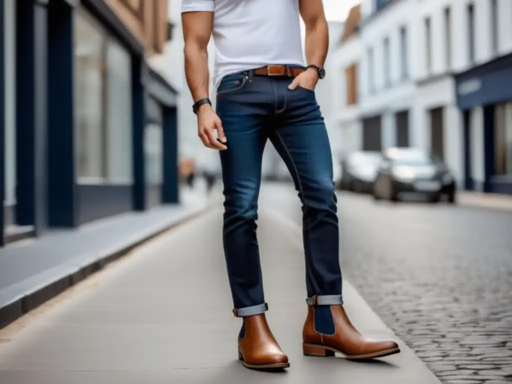 Hombre estiloso con botines marrones, jeans azules y look urbano