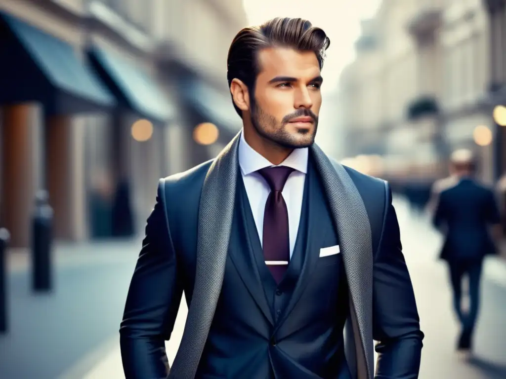 Consejos: Hombre elegante con bufanda y traje en la ciudad