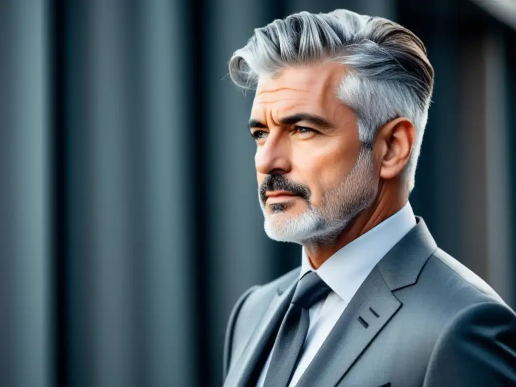 Peinados hombres canas estilos: hombre elegante con cabello gris en corte corto, profesional y sofisticado