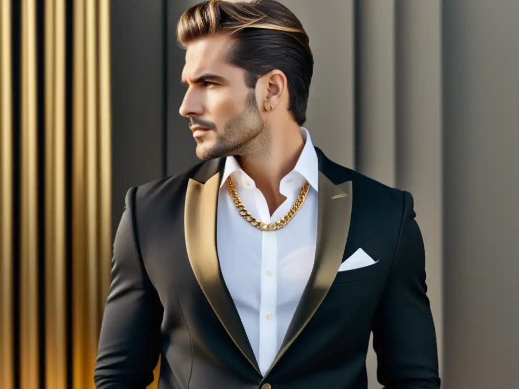 Hombre elegante con cadena de oro, tendencia en accesorios para hombres