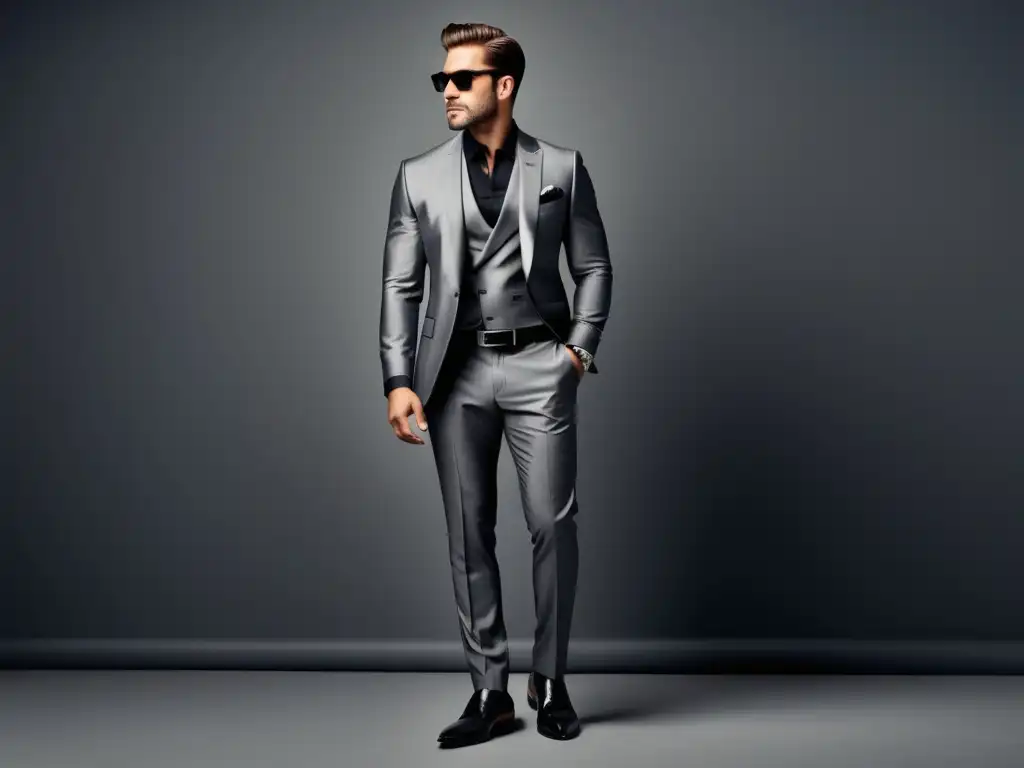 Mejores cinturones para resaltar tu estilo: imagen de hombre elegante con traje gris y cinturón de cuero negro con hebilla plateada