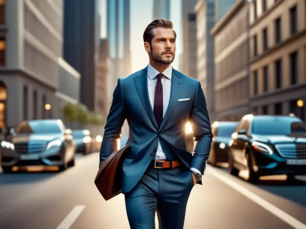 Un elegante hombre viste traje, reloj y cinturón de calidad, en una ciudad con estilo