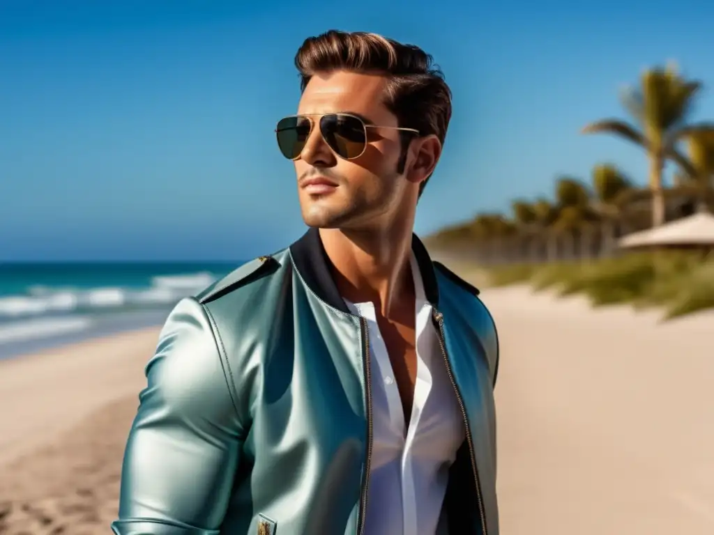 Gafas de sol para hombres: consejos de elección - Modelo masculino con estilo usando gafas de sol aviador en una playa soleada