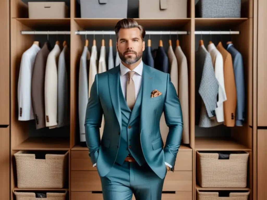 Ropa masculina sostenible y calidad: hombre elegante con armario organizado de prendas naturales y modernas