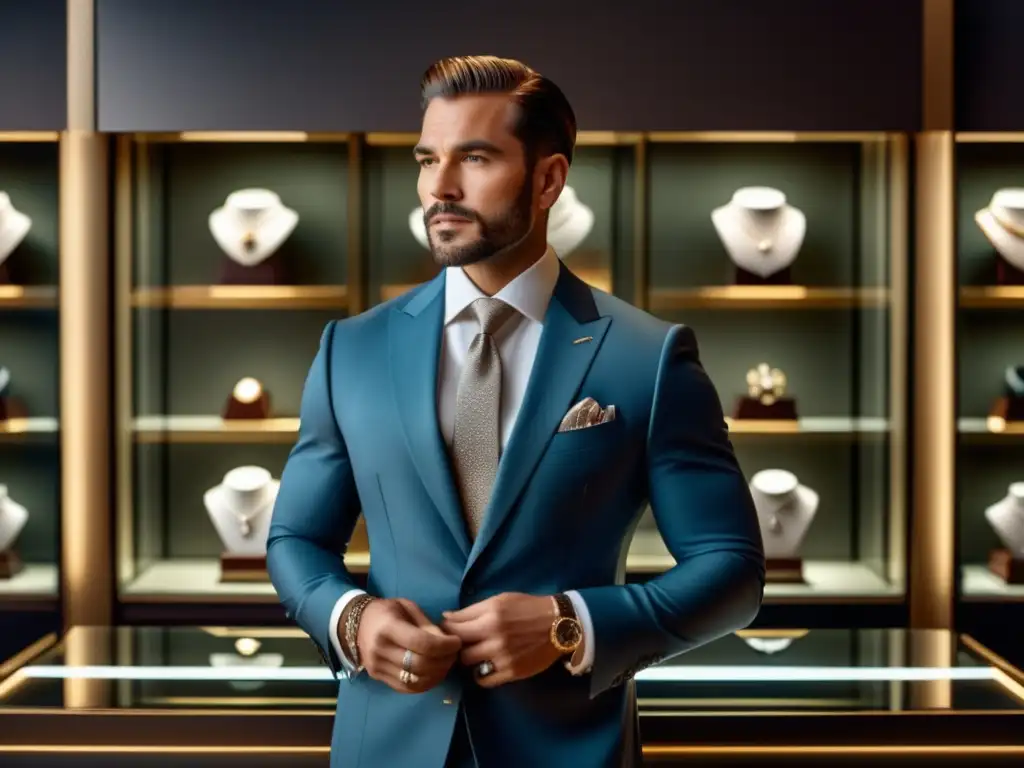 Joyería masculina creativa y moderna: hombre elegante en traje examinando joyas en boutique de lujo