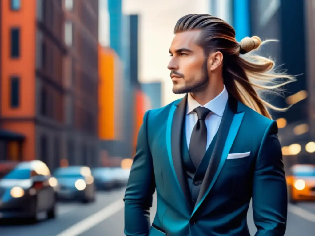 Consejos peinados hombres cabello largo: Estilizado hombre con cabello largo y elegante traje en vibrante entorno urbano