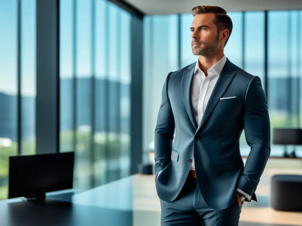 Hombre con traje impecable y postura ideal en oficina moderna