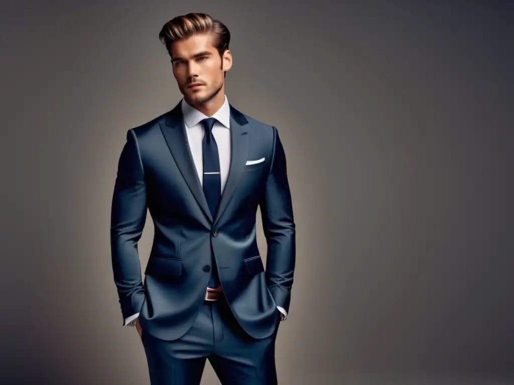 Ergonomía en la moda masculina: modelo elegante con postura perfecta y traje bien ajustado en un fondo minimalista