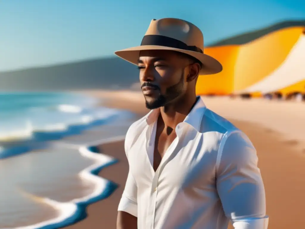 Hombre elegante con sombrero en playa, protección UV y estilo (110 caracteres)