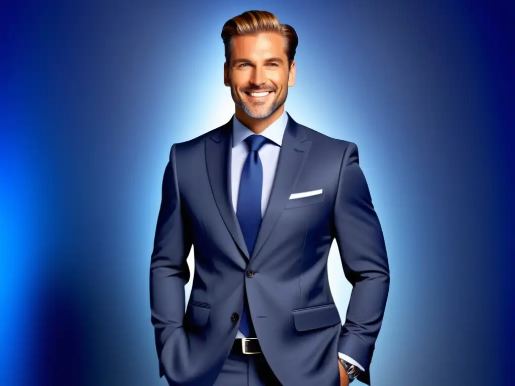 Hombre elegante en traje azul marino con impacto psicológico del color en moda masculina