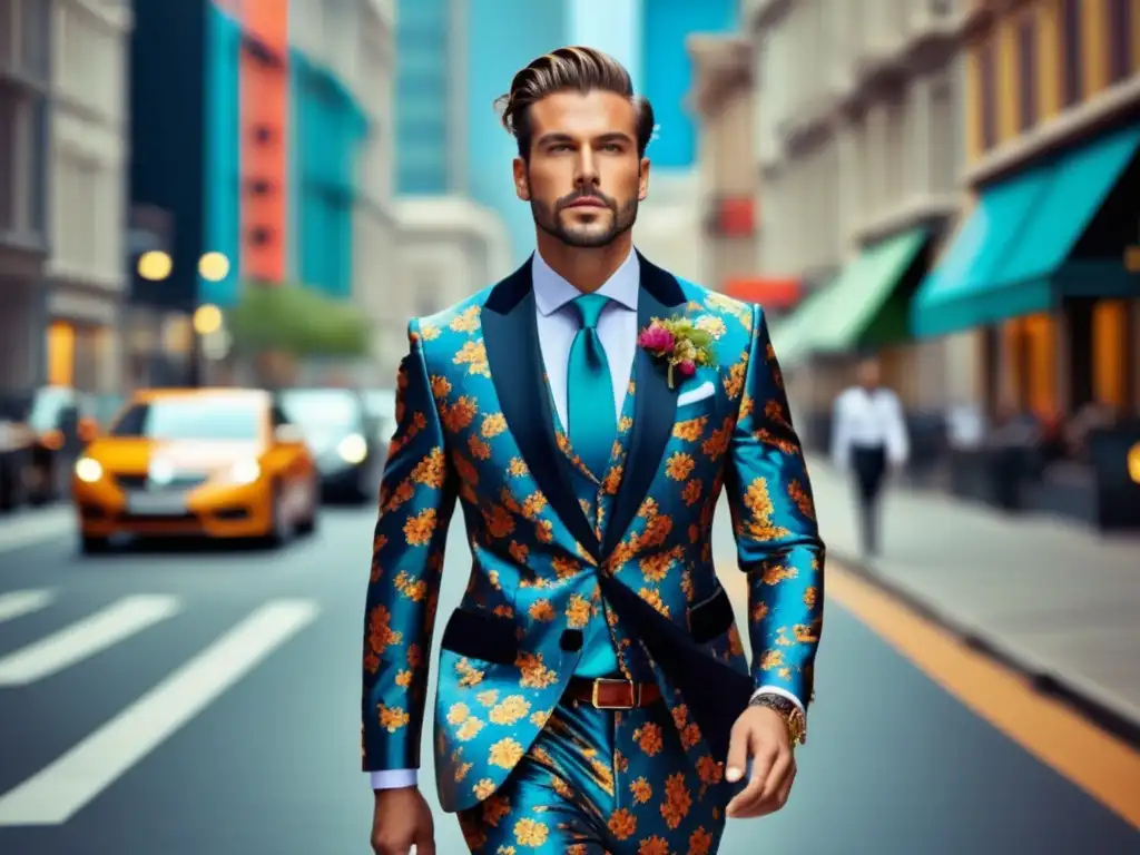 Impacto moda masculina: hombre seguro en traje floral, desafiando estereotipos, con fondo urbano