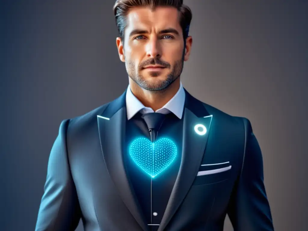 Beneficios moda inteligente masculina, traje sensores salud, estilo profesional, diseño futurista, tecnología y moda integradas