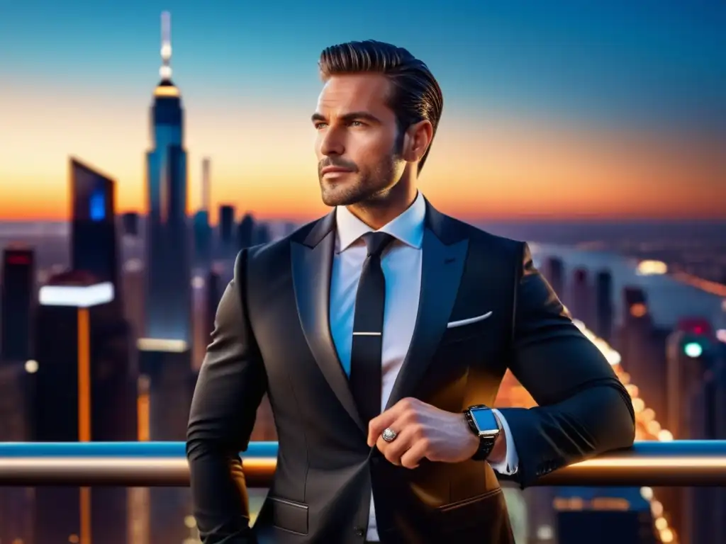 Hombre moderno con traje negro, accesorios masculinos populares, ciudad al anochecer, elegancia y modernidad