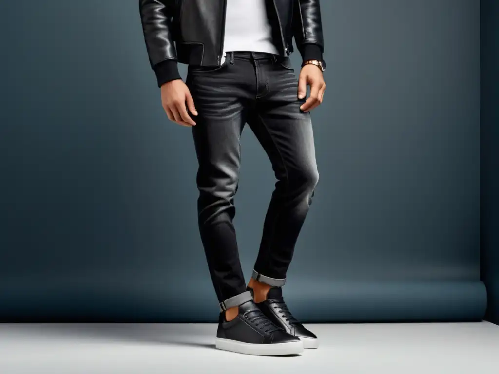 Zapatos de moda para hombres: hombre elegante con jeans y zapatillas de cuero modernas, diseño minimalista en blanco y negro