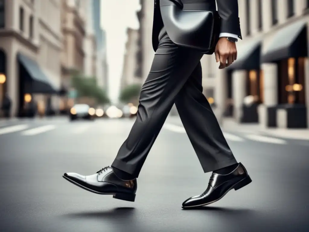 Zapatos de moda para hombres: elegante hombre con traje y zapatos de cuero negro caminando en la ciudad