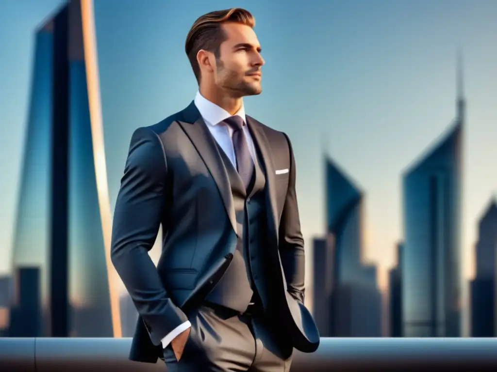 Hombre elegante y seguro con traje moderno en escenario urbano - Importancia autoestima en moda masculina