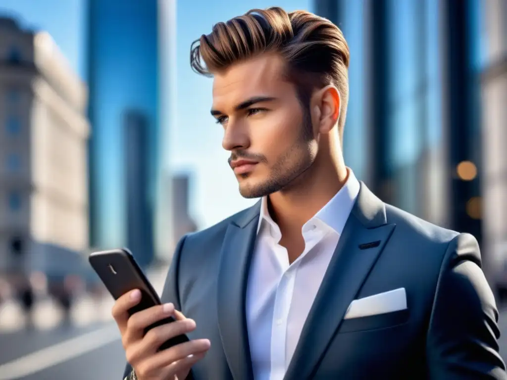 Modelo masculino elegante con traje y smartphone, reflejando la influencia de redes sociales en moda masculina