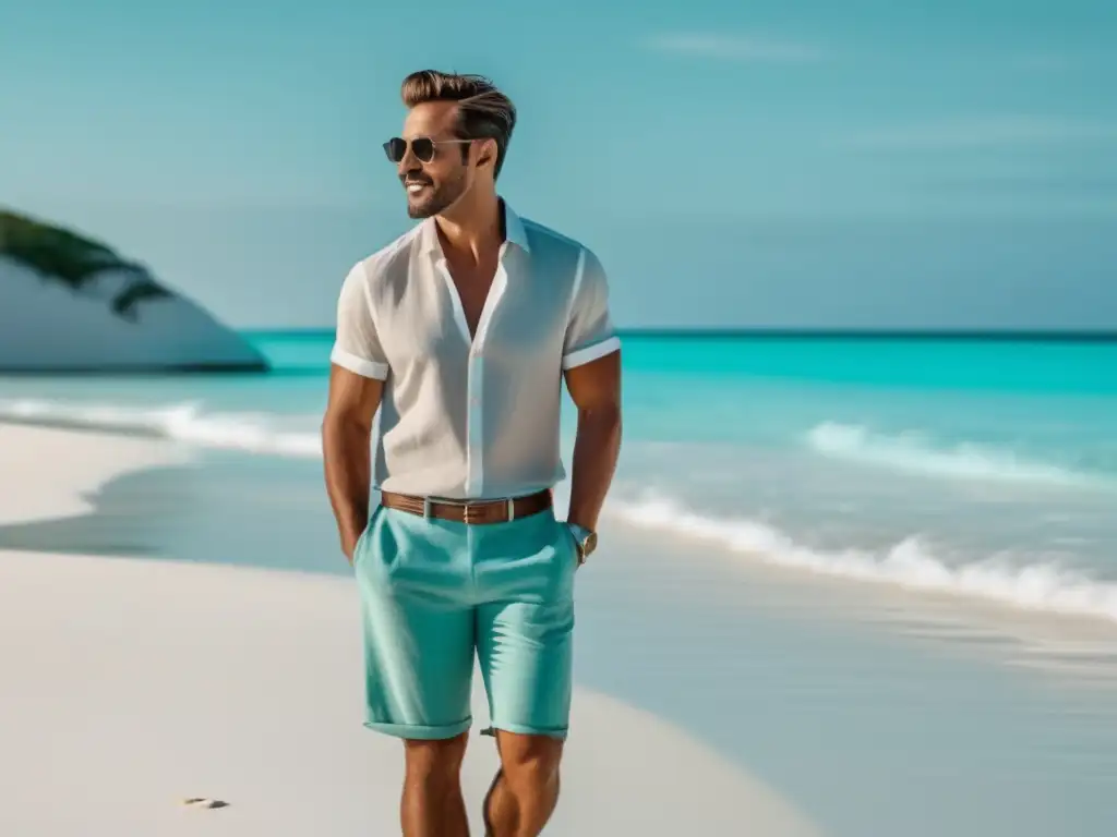 Hombre elegante disfrutando en la playa Hombre disfrutando moda veraniega en la playa - Consejos moda hombre playa