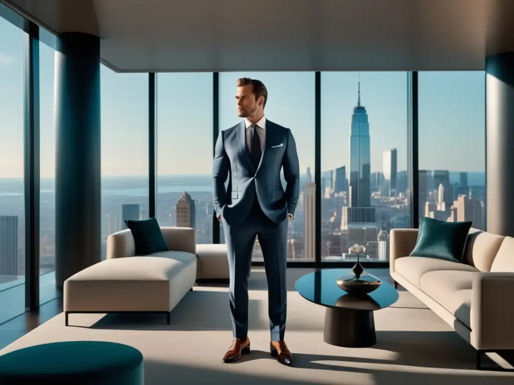 Hombre elegante en un apartamento minimalista con vista a la ciudad - Importancia del estilo personal en la moda masculina