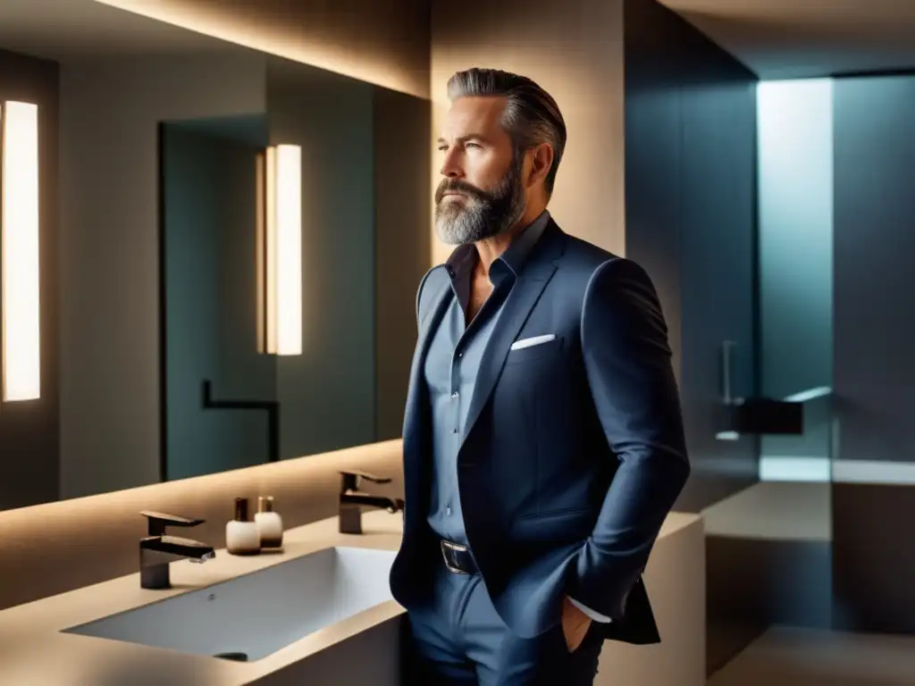 Hombre elegante en baño minimalista, moda masculina madura