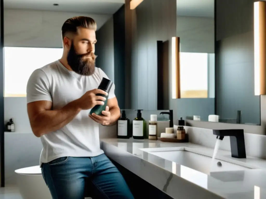 Hombre con barba en elegante baño, usando productos de cuidado de barba para hombres