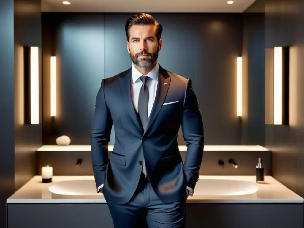 Hombre con piel impecable en baño moderno - Rutina cuidado piel hombres tendencias