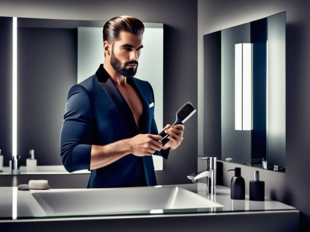 Modelo masculino de éxito en baño moderno: branding, grooming, masculino, éxito