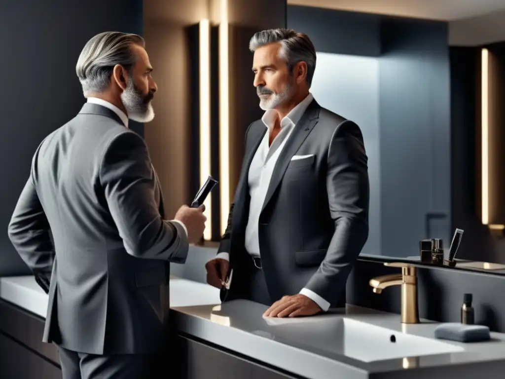 Consejos moda masculina 50+: Hombre elegante en baño moderno con traje gris