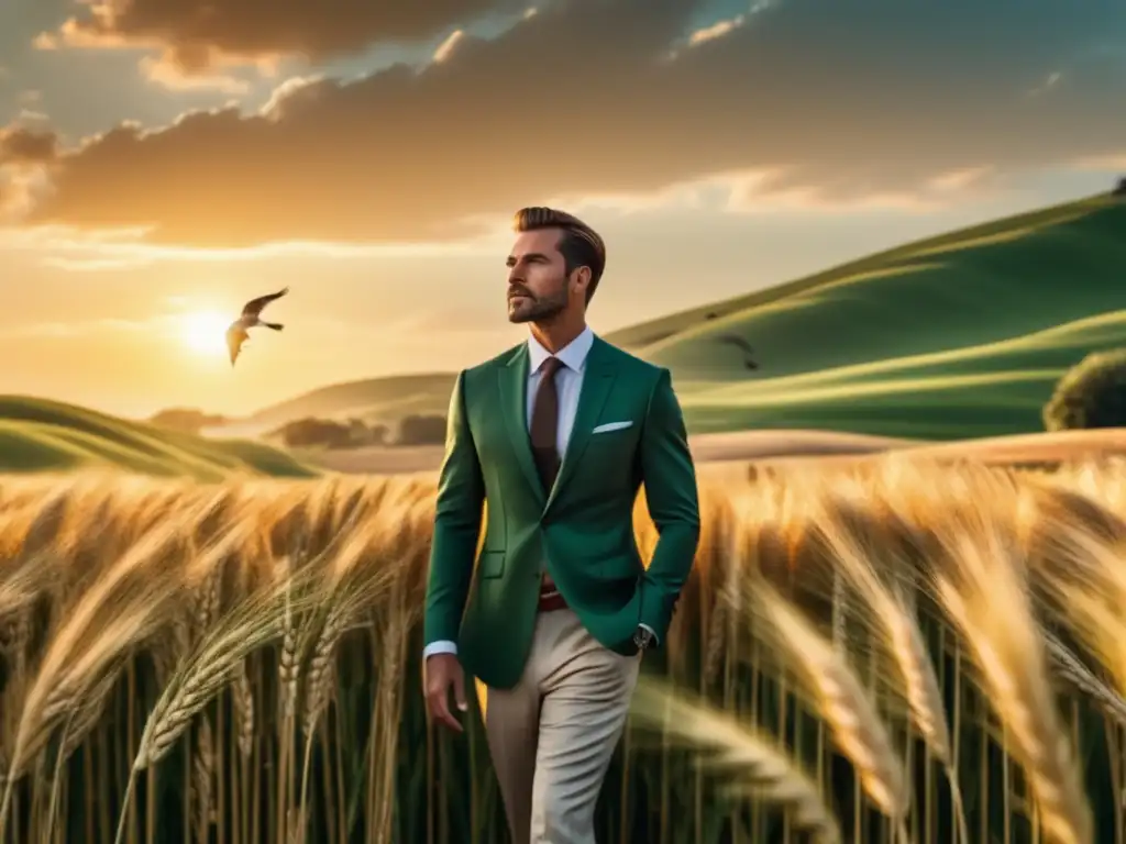 Beneficios de fibras naturales en moda masculina: hombre sofisticado en campo verde con trigo dorado, sostenible y elegante