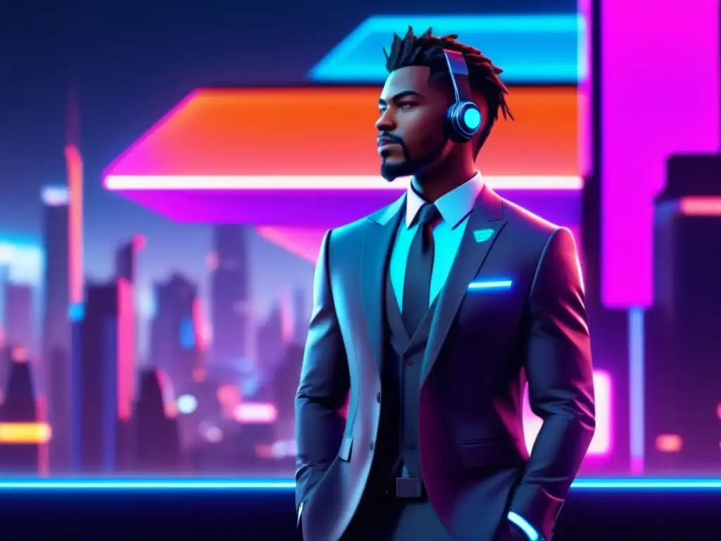 Estilo masculino en videojuegos: personaje elegante en ciudad futurista